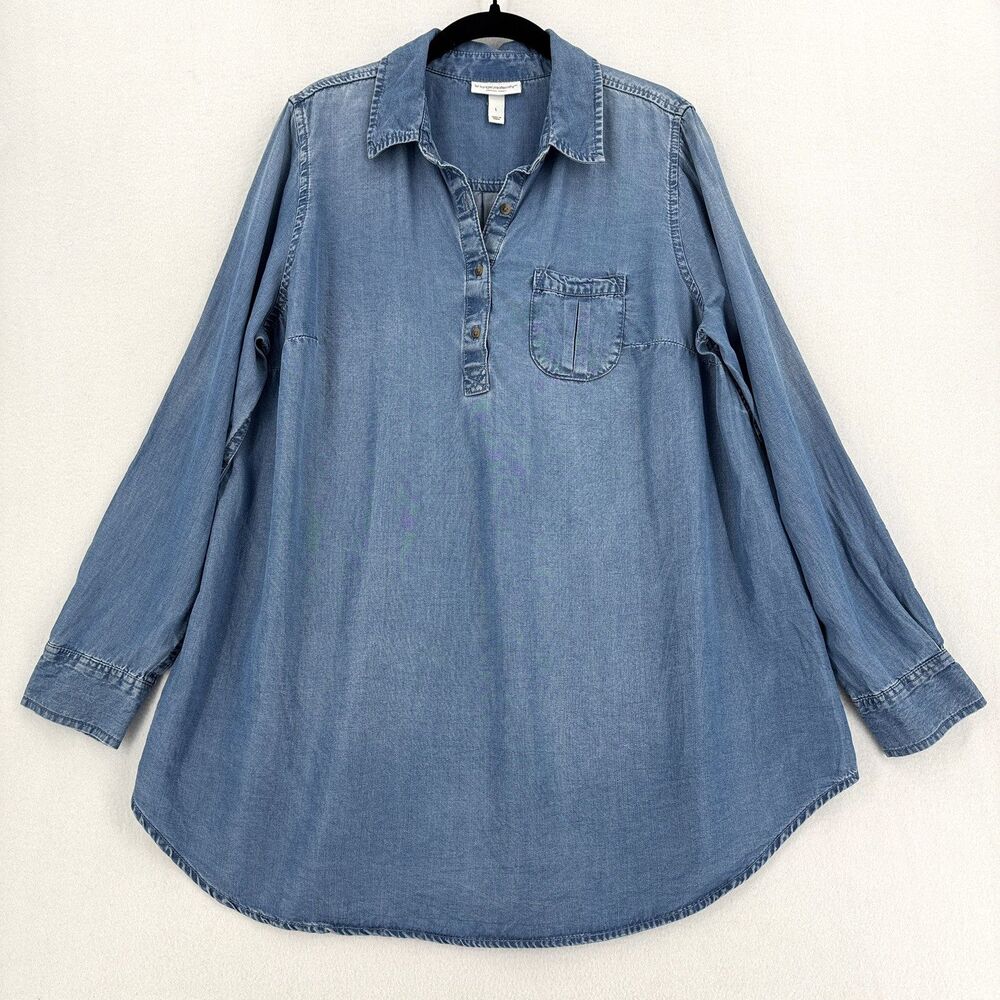 Liz Lange Maternity Target L Blue Chambray Lyocell Tunic Shirt Long Sleeve Chic